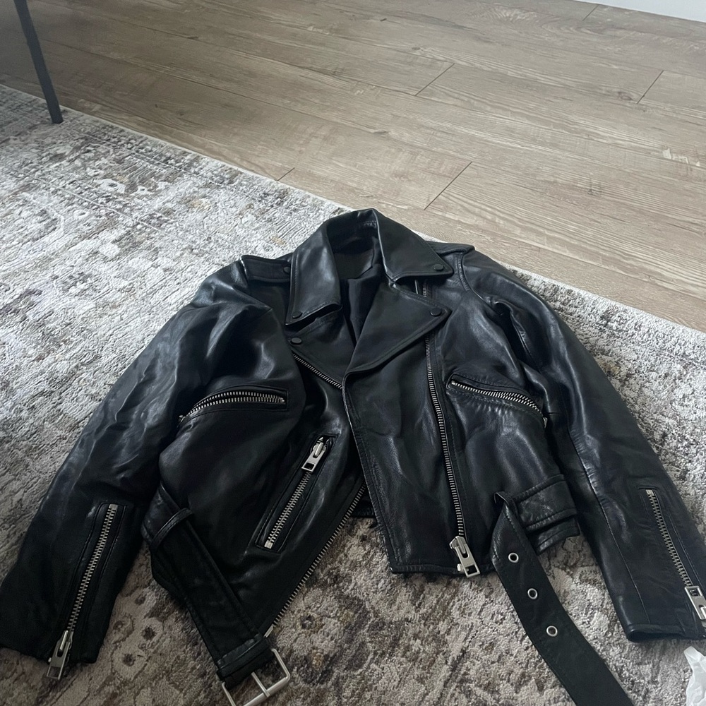 All Saints Black Leather Jacket with Silver Hardware
